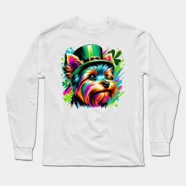 Yorkshire Terrier in Leprechaun Hat for St Patrick's Day Long Sleeve T-Shirt by ArtRUs